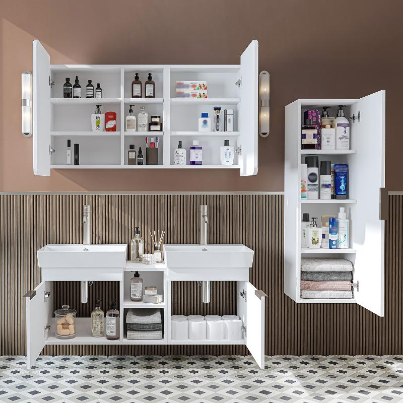 Mobile bagno sospeso doppio lavabo specchio colonna 120 cm bianco Mistral