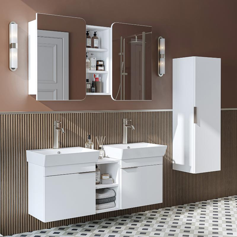 Mobile bagno sospeso doppio lavabo specchio colonna 120 cm bianco Mistral