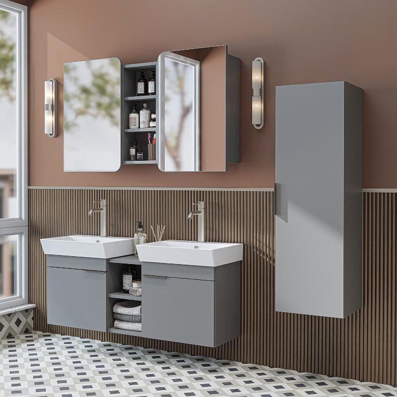 Mobile bagno sospeso doppio lavabo specchio colonna 120 cm grigio Mistral