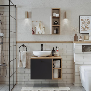 Mobile bagno sospeso lavabo appoggio specchio 65 cm rovere antracite Ocean