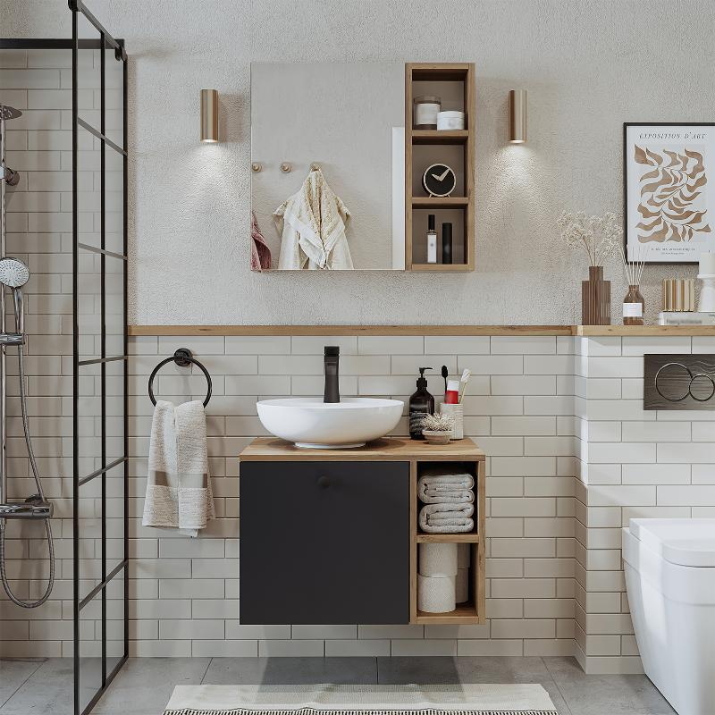 Mobile bagno sospeso lavabo appoggio specchio 65 cm rovere antracite Ocean