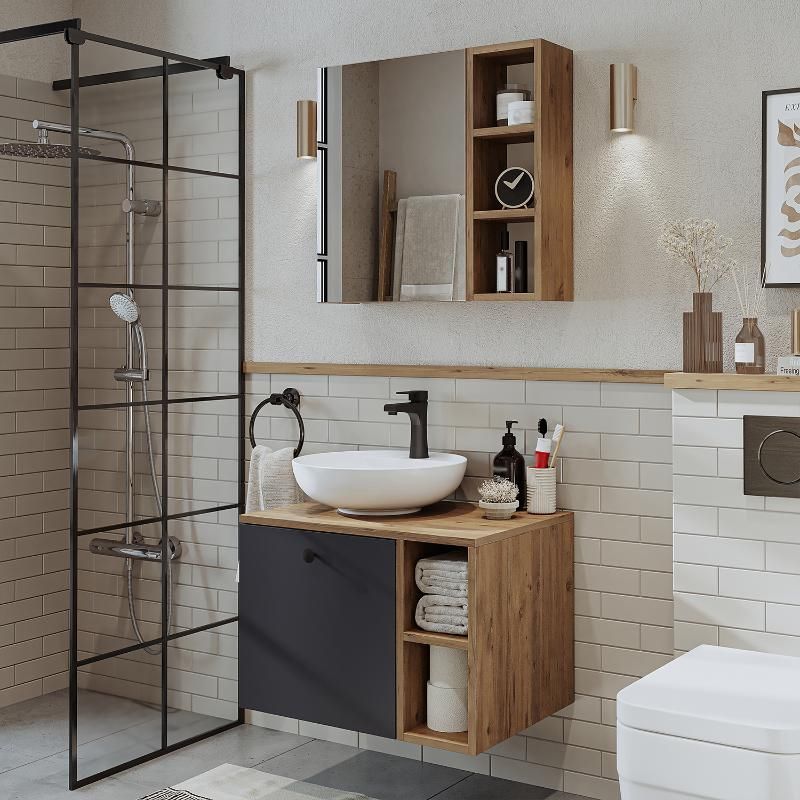 Mobile bagno sospeso lavabo appoggio specchio 65 cm rovere antracite Ocean