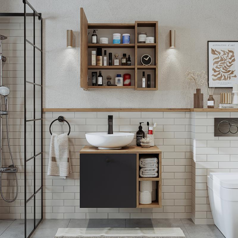 Mobile bagno sospeso lavabo appoggio specchio 65 cm rovere antracite Ocean