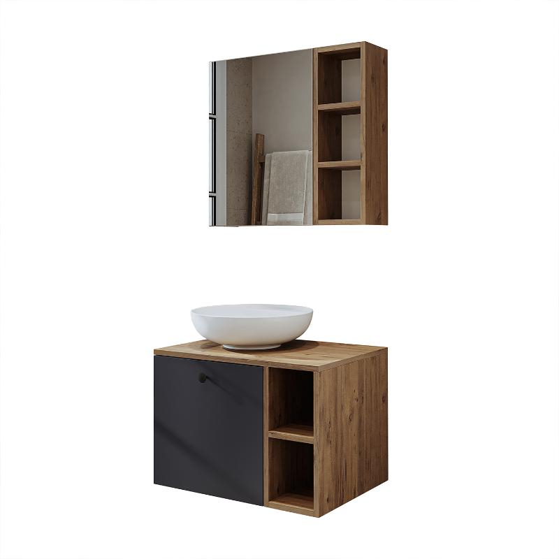 Mobile bagno sospeso lavabo appoggio specchio 65 cm rovere antracite Ocean