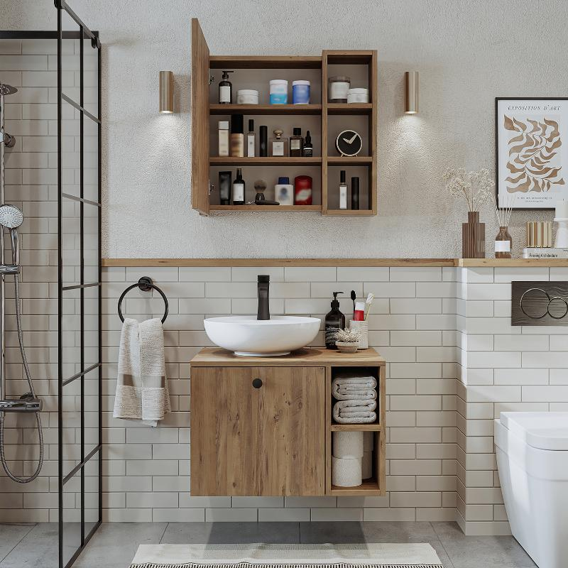Mobile bagno sospeso lavabo appoggio specchio 65 cm rovere Ocean