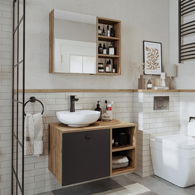 Mobile bagno sospeso lavabo appoggio specchio 75 cm rovere antracite Ocean