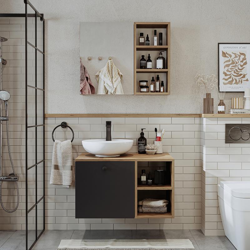 Mobile bagno sospeso lavabo appoggio specchio 75 cm rovere antracite Ocean