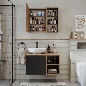 Mobile bagno sospeso lavabo appoggio specchio 75 cm rovere antracite Ocean