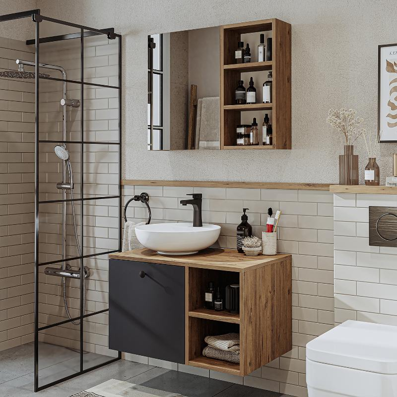 Mobile bagno sospeso lavabo appoggio specchio 75 cm rovere antracite Ocean