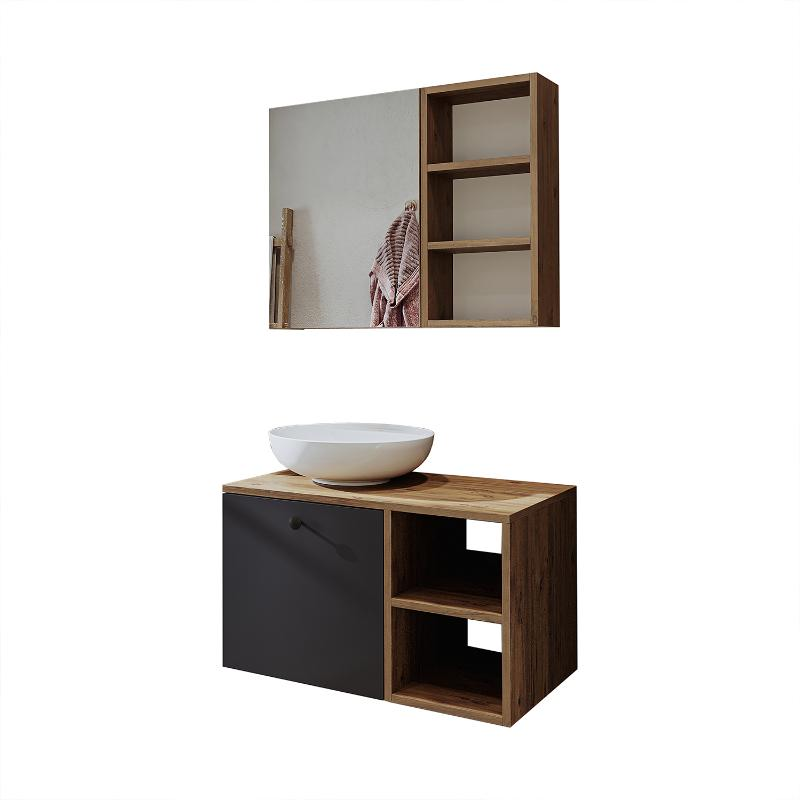 Mobile bagno sospeso lavabo appoggio specchio 75 cm rovere antracite Ocean