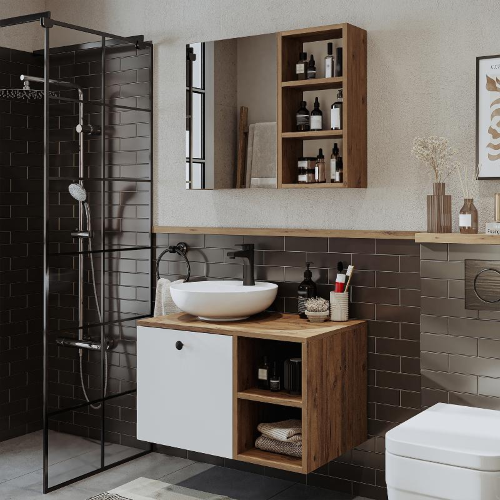 Mobile bagno sospeso lavabo appoggio specchio 75 cm rovere bianco Ocean