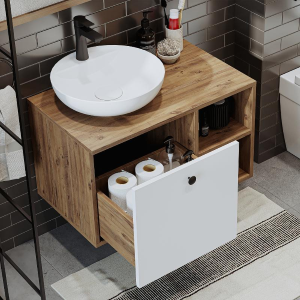 Mobile bagno sospeso lavabo appoggio specchio 75 cm rovere bianco Ocean