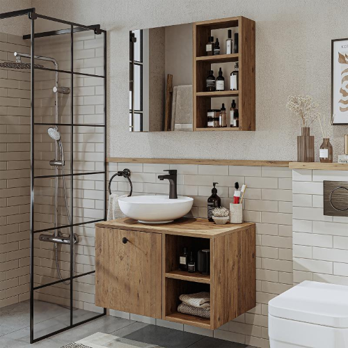Mobile bagno sospeso lavabo appoggio specchio 75 cm rovere Ocean