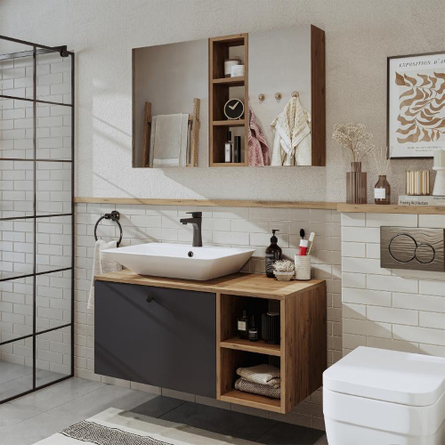 Mobile bagno sospeso lavabo appoggio rettangolare specchio 95 cm rovere antracite Ocean