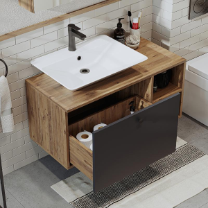 Mobile bagno sospeso lavabo appoggio rettangolare specchio 95 cm rovere antracite Ocean