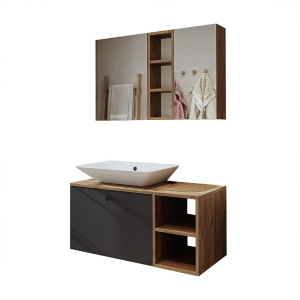 Mobile bagno sospeso lavabo appoggio rettangolare specchio 95 cm rovere antracite Ocean