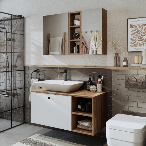 Mobile bagno sospeso lavabo appoggio rettangolare specchio 95 cm rovere bianco Ocean