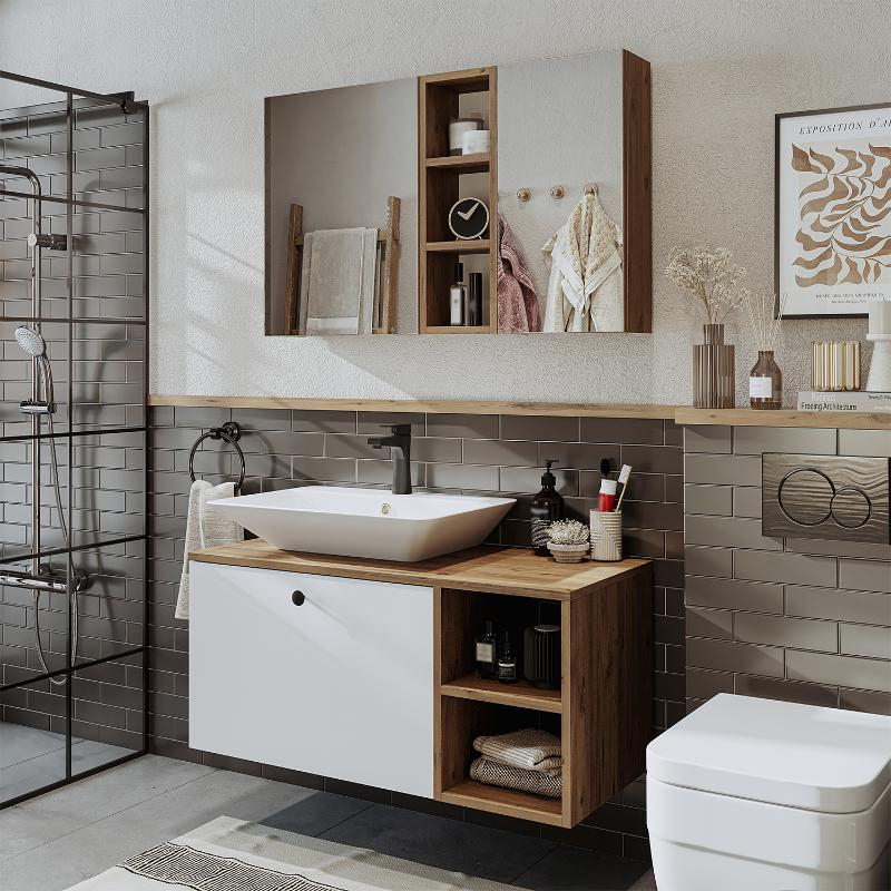 Mobile bagno sospeso lavabo appoggio rettangolare specchio 95 cm rovere bianco Ocean