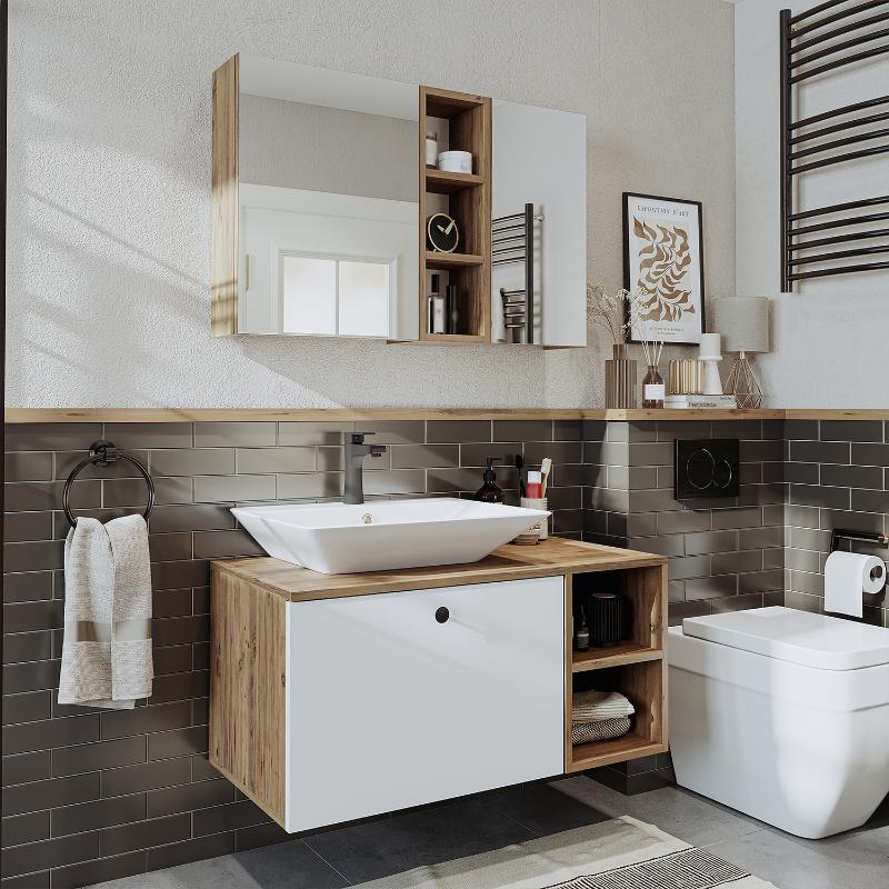 Mobile bagno sospeso lavabo appoggio rettangolare specchio 95 cm rovere bianco Ocean
