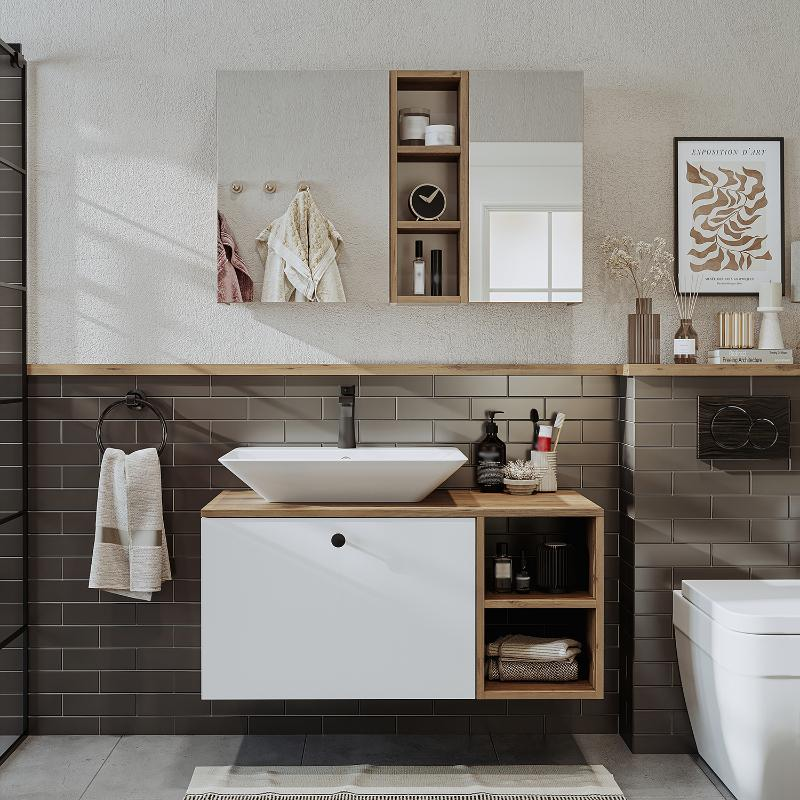 Mobile bagno sospeso lavabo appoggio rettangolare specchio 95 cm rovere bianco Ocean