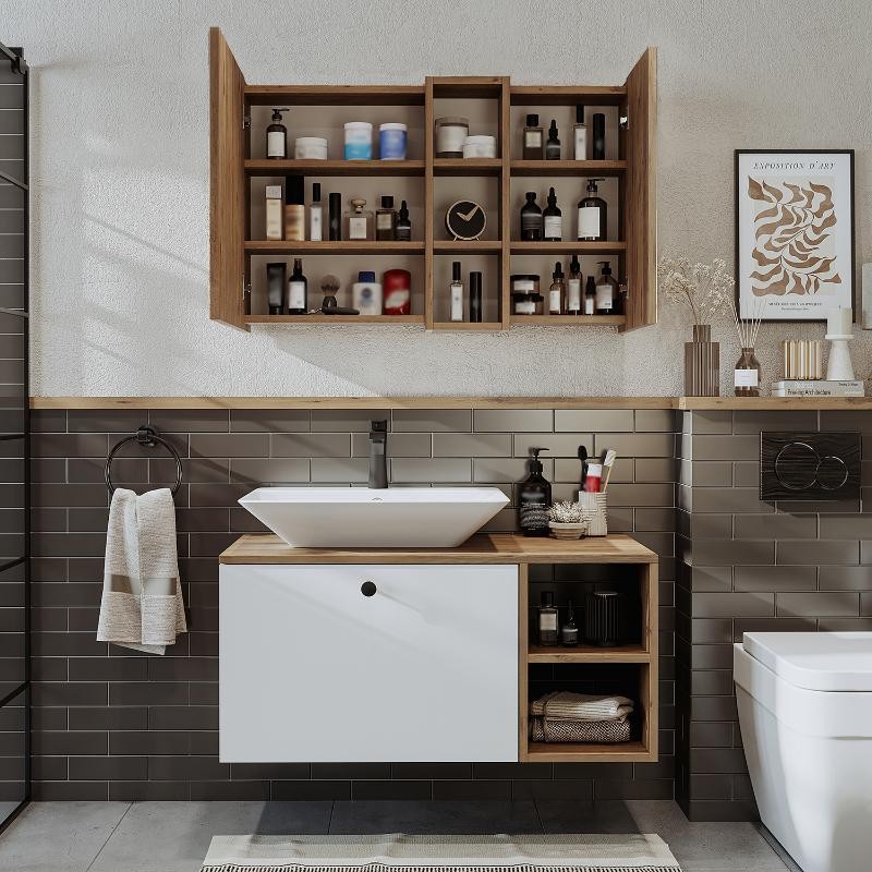Mobile bagno sospeso lavabo appoggio rettangolare specchio 95 cm rovere bianco Ocean