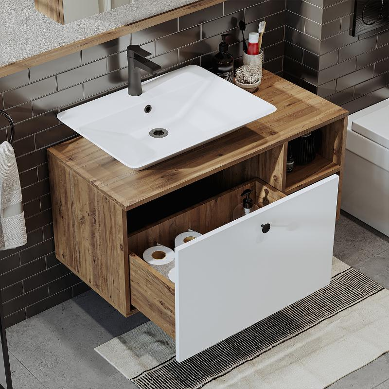 Mobile bagno sospeso lavabo appoggio rettangolare specchio 95 cm rovere bianco Ocean