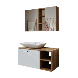 Mobile bagno sospeso lavabo appoggio rettangolare specchio 95 cm rovere bianco Ocean