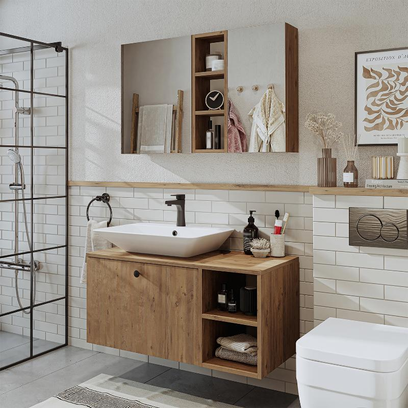 Mobile bagno sospeso lavabo appoggio rettangolare specchio 95 cm rovere Ocean