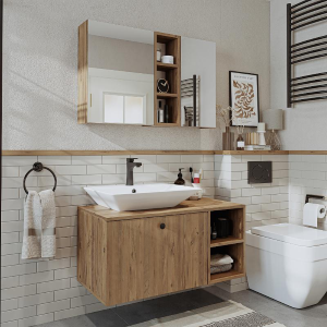 Mobile bagno sospeso lavabo appoggio rettangolare specchio 95 cm rovere Ocean