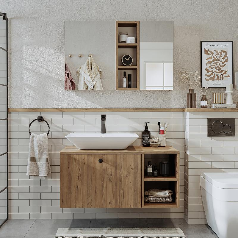 Mobile bagno sospeso lavabo appoggio rettangolare specchio 95 cm rovere Ocean