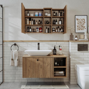 Mobile bagno sospeso lavabo appoggio rettangolare specchio 95 cm rovere Ocean
