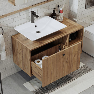 Mobile bagno sospeso lavabo appoggio rettangolare specchio 95 cm rovere Ocean