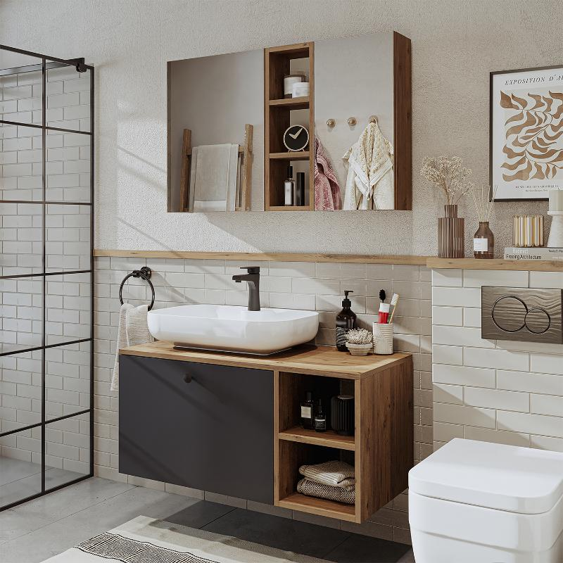 Mobile bagno sospeso lavabo appoggio tondo specchio 95 cm rovere antracite Ocean