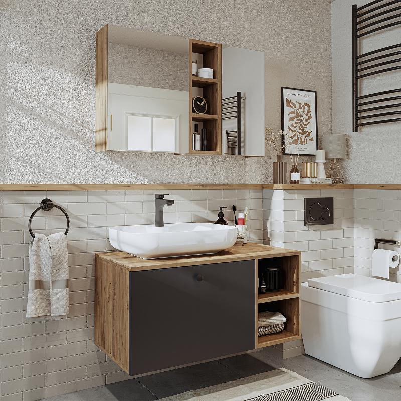 Mobile bagno sospeso lavabo appoggio tondo specchio 95 cm rovere antracite Ocean
