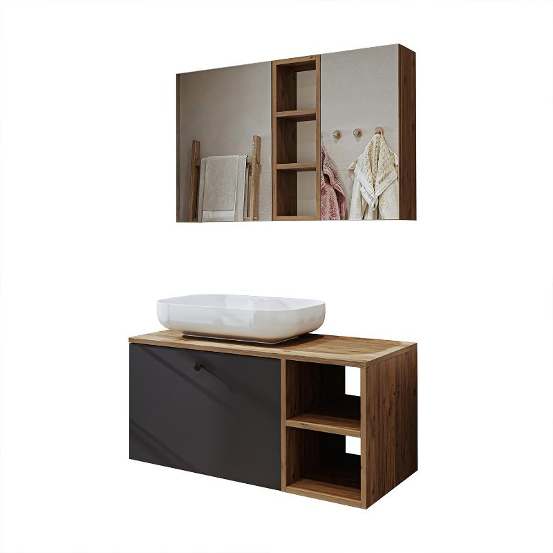 Mobile bagno sospeso lavabo appoggio tondo specchio 95 cm rovere antracite Ocean
