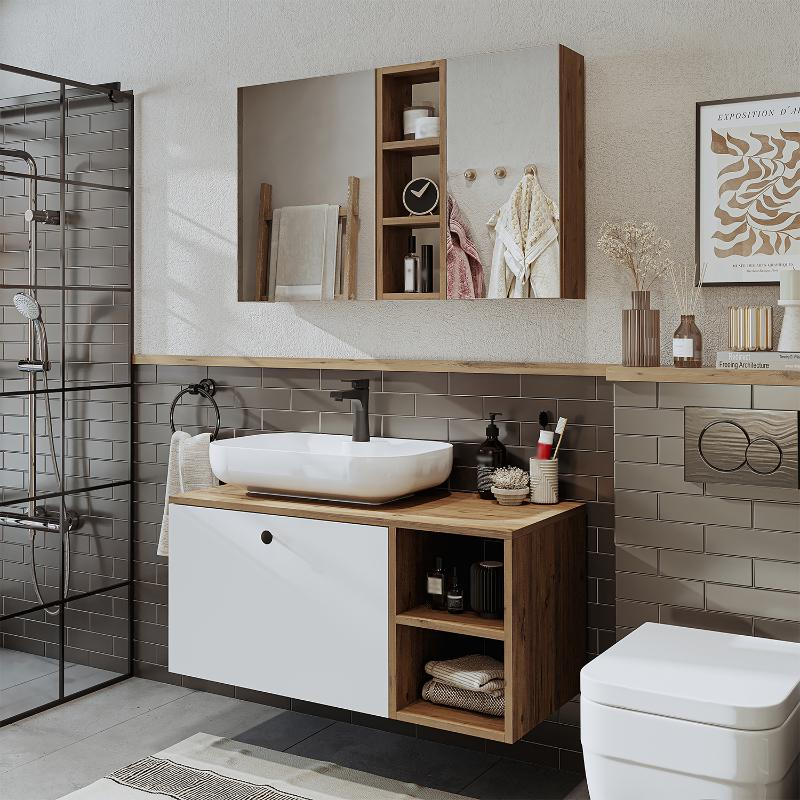 Mobile bagno sospeso lavabo appoggio tondo specchio 95 cm rovere bianco Ocean