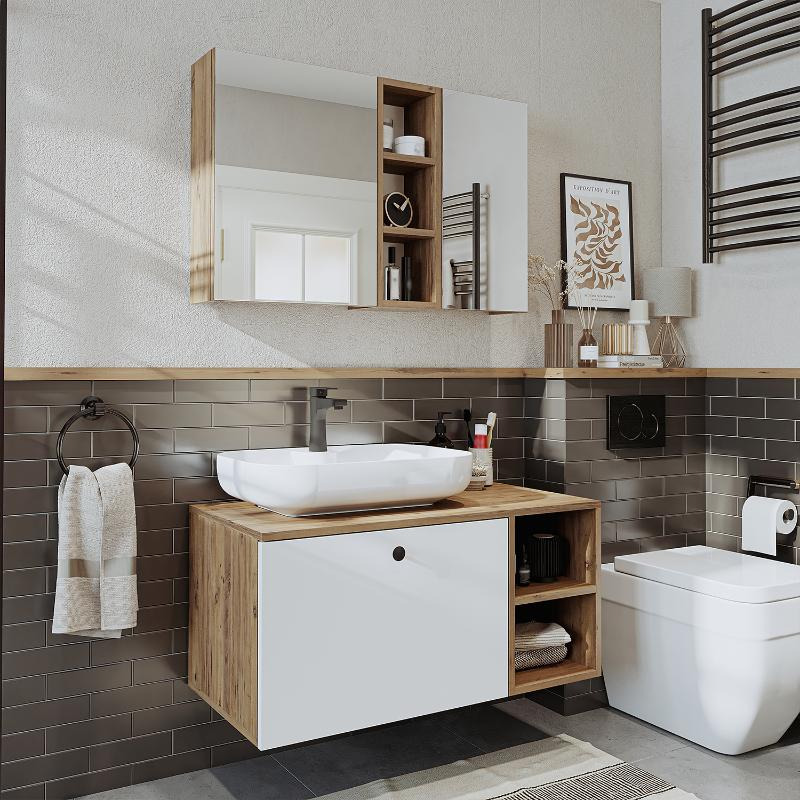 Mobile bagno sospeso lavabo appoggio tondo specchio 95 cm rovere bianco Ocean