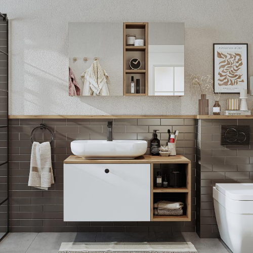Mobile bagno sospeso lavabo appoggio tondo specchio 95 cm rovere bianco Ocean