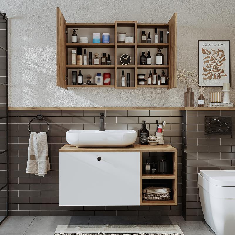 Mobile bagno sospeso lavabo appoggio tondo specchio 95 cm rovere bianco Ocean