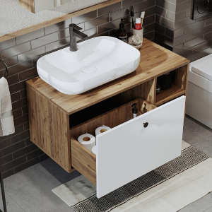 Mobile bagno sospeso lavabo appoggio tondo specchio 95 cm rovere bianco Ocean
