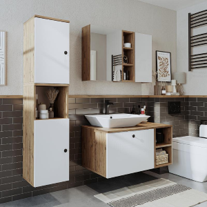 Mobile bagno sospeso lavabo appoggio rettangolare specchio colonna 95 cm rovere bianco Ocean
