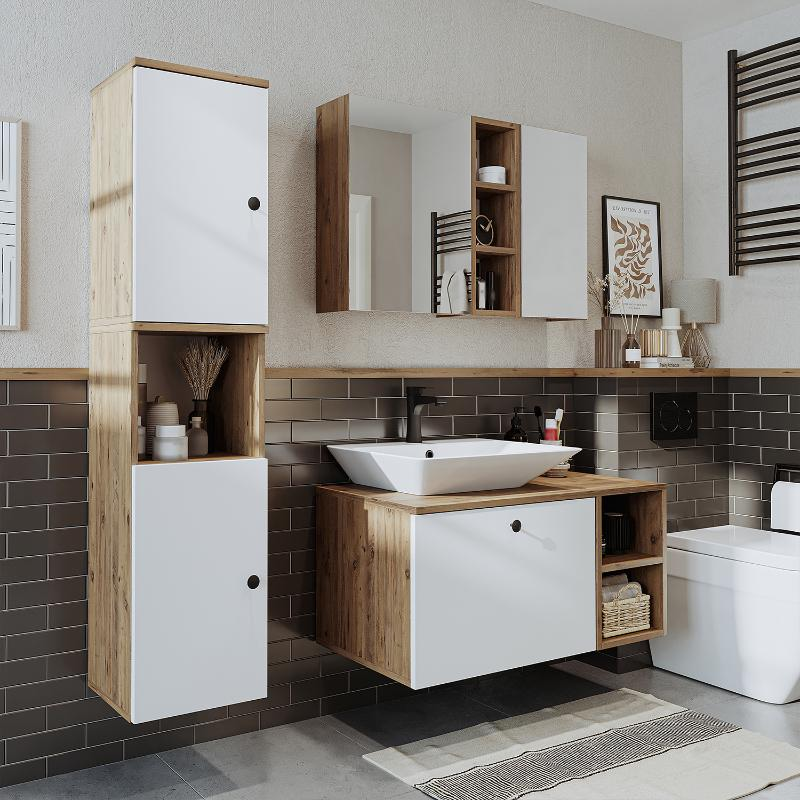Mobile bagno sospeso lavabo appoggio rettangolare specchio colonna 95 cm rovere bianco Ocean