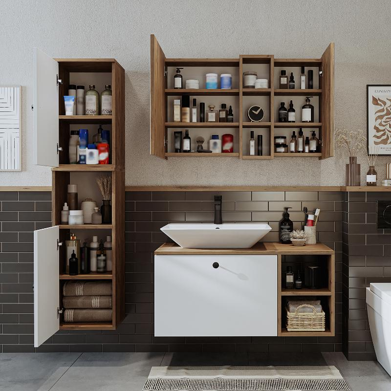 Mobile bagno sospeso lavabo appoggio rettangolare specchio colonna 95 cm rovere bianco Ocean