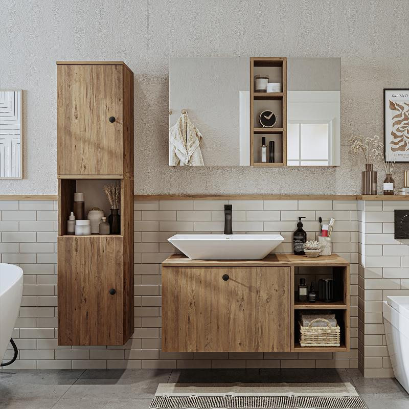 Mobile bagno sospeso lavabo appoggio rettangolare specchio colonna 95 cm rovere Ocean