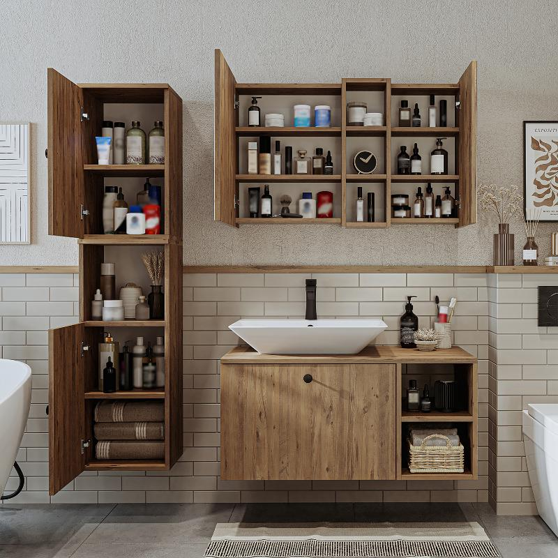 Mobile bagno sospeso lavabo appoggio rettangolare specchio colonna 95 cm rovere Ocean