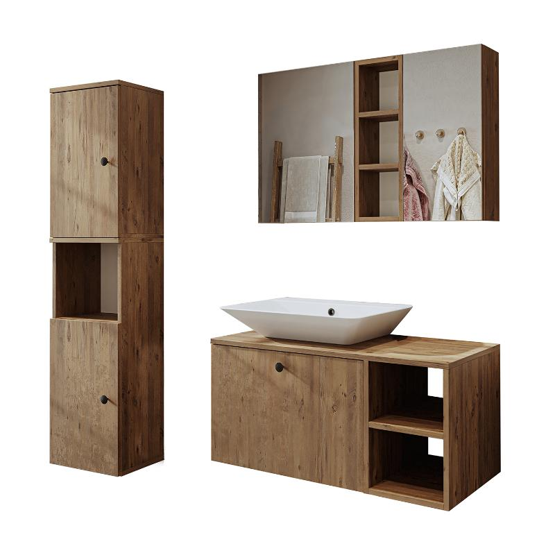 Mobile bagno sospeso lavabo appoggio rettangolare specchio colonna 95 cm rovere Ocean