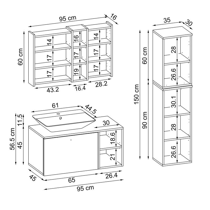 Mobile bagno sospeso lavabo appoggio rettangolare specchio colonna 95 cm rovere Ocean