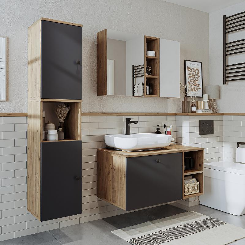Mobile bagno sospeso lavabo appoggio tondo specchio colonna 95 cm rovere antracite Ocean