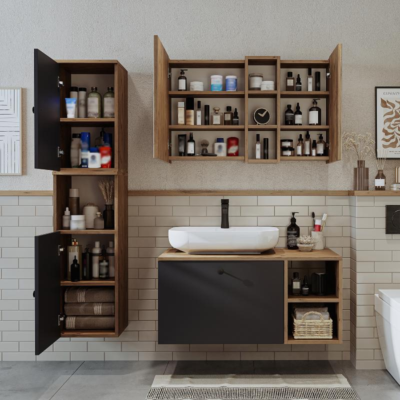 Mobile bagno sospeso lavabo appoggio tondo specchio colonna 95 cm rovere antracite Ocean