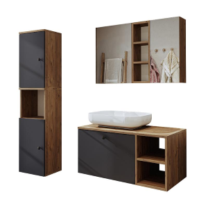 Mobile bagno sospeso lavabo appoggio tondo specchio colonna 95 cm rovere antracite Ocean